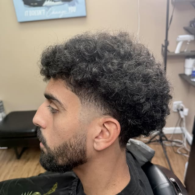 Curly top with low taper fade